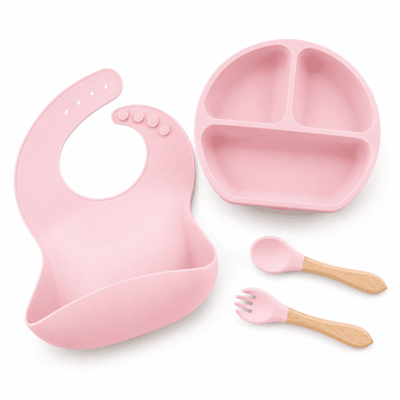4PCS/Set Pack Silicone Baby Feeding Set Baby Led Weaning Supplies Includes Suction Divided Plates Soft Bowl Spoons Forks Adjustable Bib Snack Cup and Straws for Baby