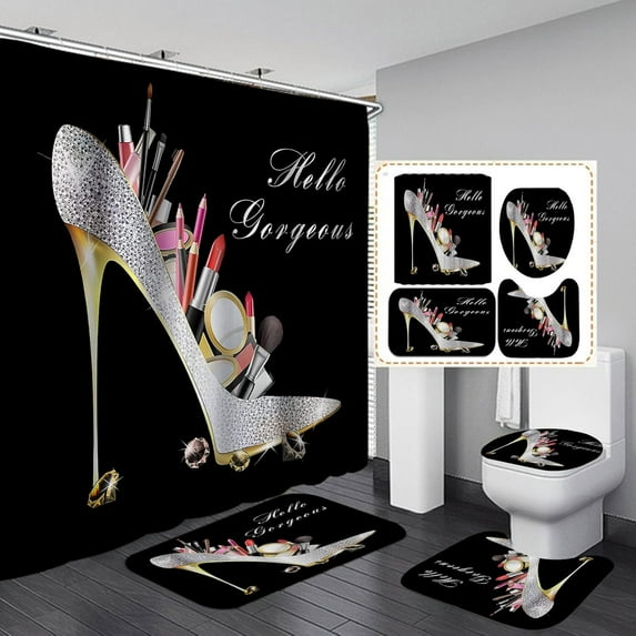 4PCS/Set Pink Glitter Sexy Lips Shower Curtain, Funny Quotes Shining Makeup Fashion Bathroom Decor for Women, Waterproof Fabric Black Shower Curtain, Non-slip Bath Rugs, Hello Gorgeous