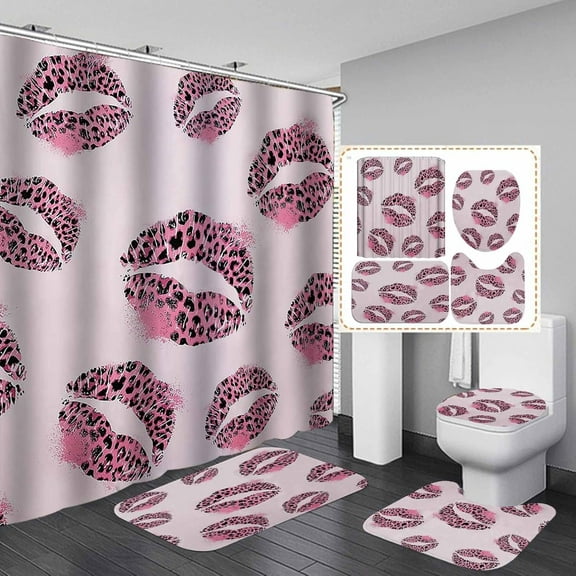 4PCS/Set Pink Leopard Print Shower Curtain, Sexy Fancy Chic Safari Wildlife African Wild Animal Jaguar Cheetah Skin Pattern Bathroom Decor for Girl, Non-slip Bath Rugs Toilet Mats, Pink