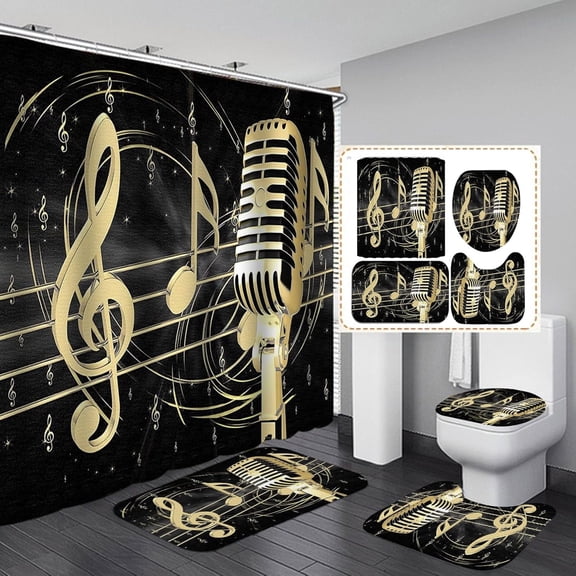 4PCS/Set Pop Music Shower Curtain, Electric Guitar Drum Kit Microphone Musical Instruments Cool Modern Bathroom Decor, Waterproof Fabric Shower Curtain, Non-Slip Bath Rugs Toilet Mats, Band