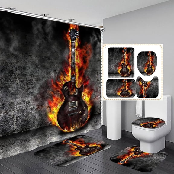 4PCS/Set Pop Music Shower Curtain, Electric Guitar Drum Kit Microphone Musical Instruments Cool Modern Bathroom Decor, Waterproof Fabric Shower Curtain, Non-Slip Bath Rugs Toilet Mats, Band