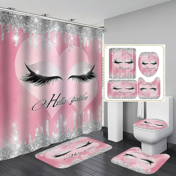 4PCS/Set Pretty Eyelash Shower Curtain set Waterproof Cloth Polyester Bath Curtain Bathtub Curtains, Bathroom Carpet Bath Mat Toilet Rugs, Bathroom Decor, 72"x72", Bling Pink Hello Gorgeous