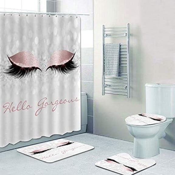 4PCS/Set Pretty Eyelash Shower Curtain set Waterproof Cloth Polyester Bath Curtain Bathtub Curtains, Bathroom Carpet Bath Mat Toilet Rugs, Bathroom Decor, 72"x72", Bling Pink Hello Gorgeous