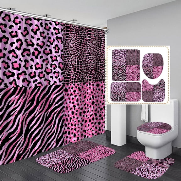 4PCS/Set Rainbow Leopard Print Shower Curtain set, Wildlife Safari Animal Skin Fur Modern Girl Women Bathroom Decor, Waterproof Fabric Shower Curtain Non-slip Bath Mat Toilet Rug, Colorful Cheetah
