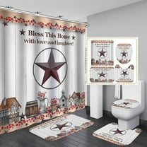 4PCS/Set Rustic Barn Star Shower Curtain, Western Texas Star White Red Blue Texas Flag Vintage Wood Barn Door Country Farmhouse Bathroom Decor, Non-Slip Bath Rugs Toilet Mat, Lone Star