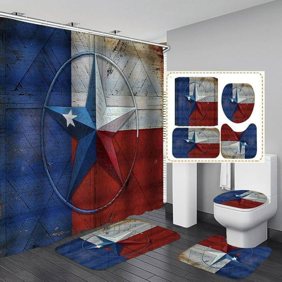 4PCS/Set Rustic Barn Star Shower Curtain, Western Texas Star White Red Blue Texas Flag Vintage Wood Barn Door Country Farmhouse Bathroom Decor, Non-Slip Bath Rugs Toilet Mat, Lone Star