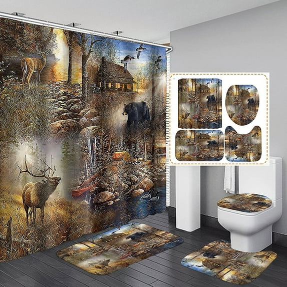 4PCS/Set Rustic Cabin Shower Curtain, Foggy Woodland Deer Elk Moose Black Bear Mallard Duck Wildlife Lodge Country Farmhouse Bathroom Decor, Non-Slip Bath Rugs, Camping Fishing Hunting