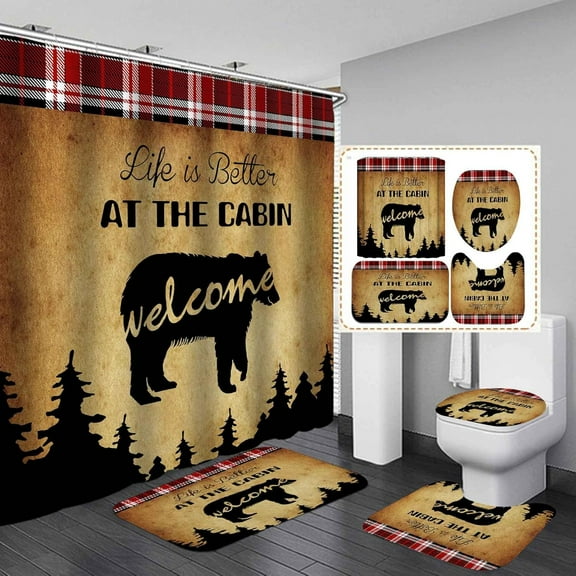 4PCS Cabin Black Bear Shower Curtain Set, Mountain River Country Pine Tree Forest Moose Deer Elk Mallard Duck Wild Animal Hunting Lodge Rustic Farmhouse Bathroom Decor, Non-Slip Bath Mat