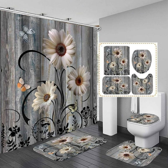 4PCS/Set Rustic Daisy Shower Curtain Sets, Waterproof Fabric Bath Curtain, Vintage Farm Floral on Rustic Panel Wood Board Bathroom Decor, Non-Slip Bathroom Mat Bath Mat Toilet Rug, Horseshoe