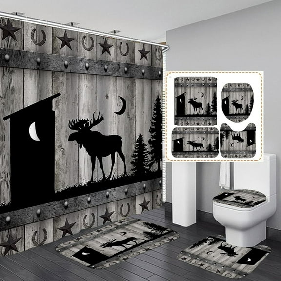 4PCS/Set Rustic Deer Shower Curtain set, Black Outhouse Pine Tree Moon Western Texas Star Horseshoe Wildlife Hunting Cabin Grey Barn Door Farmhouse Bathroom Decor, Non-slip Bath Rugs, Moose