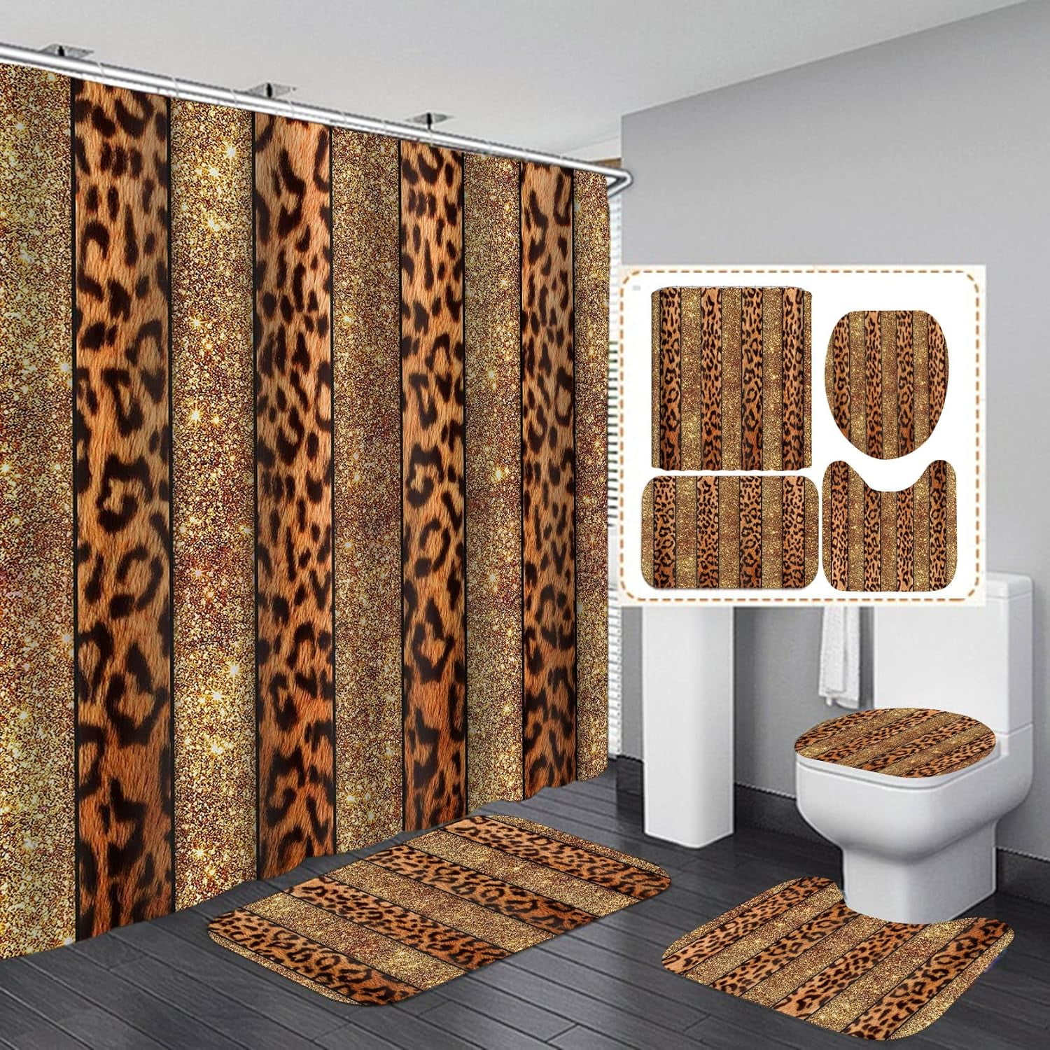 4PCS/Set Sexy Brown Leopard Shower curtain Sets, Romantic Dewy Rose