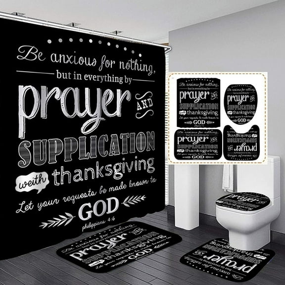 4PCS/Set Turquoise Wood Board Shower Curtains for Bathroom,Prayer Bible Inspirational Quotes Bathroom with Rugs and Bath Mat Toilet Lid Cover Fall Sunflower Pattern Decor, 71x71inch