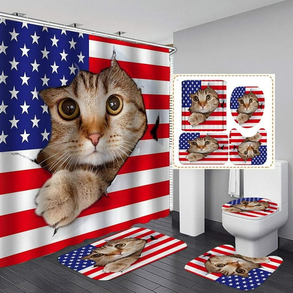 4PCS/Set USA Flag Baseball Bat Shower Curtain, American Flag Fourth of July Independence Day Patriotic Bathroom Decor, Waterproof Fabric Bath Curtain, Non-slip Bath Rugs Toilet Carpet, Sports