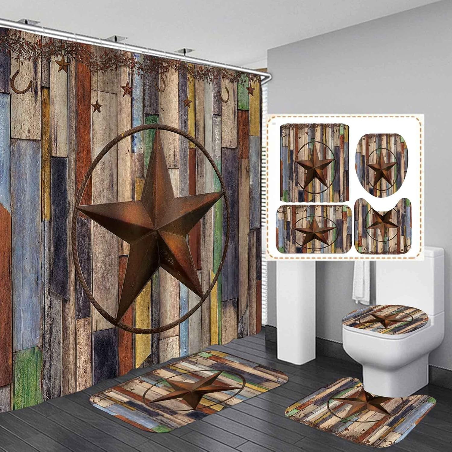 View of 4PCS/Set Western Texas Star on Wood Door Shower Curtain set, Vintage ...