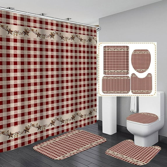 4PCS/Set Vintage Brown Western Texas Star Shower Curtain, Primitive Berry Star Red Beige Plaid Rustic Wooden Board Country Bathroom Decor, Non-slip Bath Rugs Toilet Mats, Bless Our Home