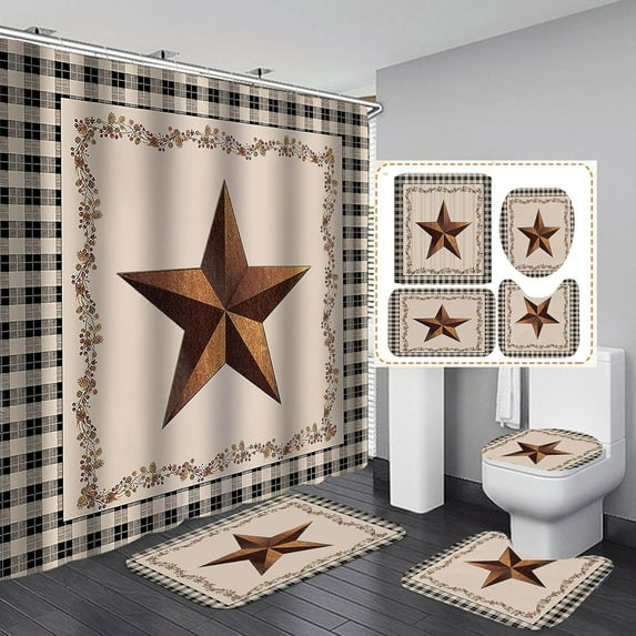 4PCS/Set Vintage Brown Western Texas Star Shower Curtain, Primitive Star Red Beige Buffalo Plaid Rustic Country Farmhouse Bathroom Decor, Non-slip Bath Rugs Toilet Mats, Berry Garland
