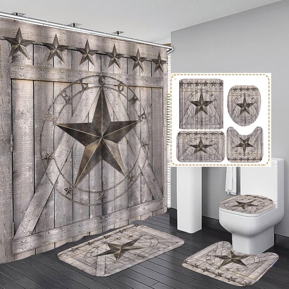 4PCS/Set Vintage Brown Western Texas Star Shower Curtain Sets, Black White Check Plaid Rustic Wooden Board Rural Country Farmhouse Bathroom Decor, Non-slip Bath Rug Mat Carpet, Berry Garland