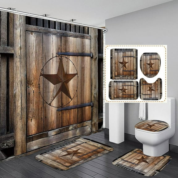 4PCS/Set Vintage Brown Western Texas Star Shower Curtain Sets, Black White Check Plaid Rustic Wooden Board Rural Country Farmhouse Bathroom Decor, Non-slip Bath Rug Mat Carpet, Berry Garland
