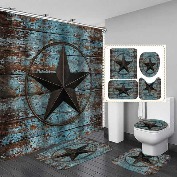 4PCS/Set Vintage Brown Western Texas Star Shower Curtain Sets, Black White Check Plaid Rustic Wooden Board Rural Country Farmhouse Bathroom Decor, Non-slip Bath Rug Mat Carpet, Berry Garland