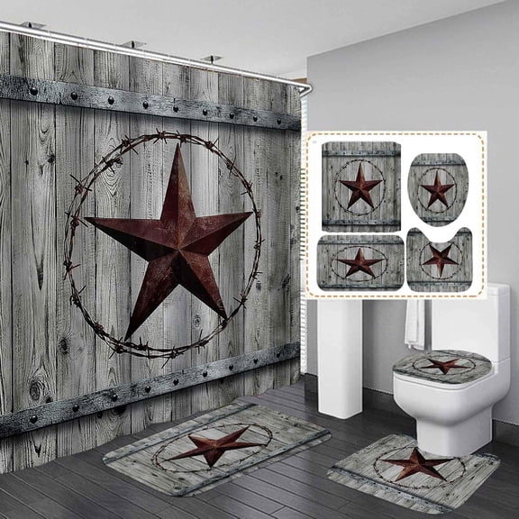 4PCS/Set Vintage Brown Western Texas Star Shower Curtain Sets, Black White Check Plaid Rustic Wooden Board Rural Country Farmhouse Bathroom Decor, Non-slip Bath Rug Mat Carpet, Berry Garland
