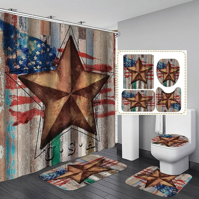 4PCS/Set Vintage Brown Western Texas Star Shower Curtain, Watercolor