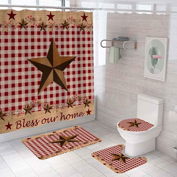 4PCS/Set Vintage Brown Western Texas Star Shower Curtain sets, Black White Buffalo Plaid Rustic Berry Garland Pine Cone Primitive Country Farmhouse Bathroom Decor, Non-slip Bath Rugs, Check Pattern