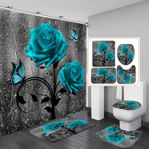 4PCS/Set Vintage Teal Blue Rose Shower Curtain Sets, Art Rustic Flower Bathroom Set, Waterproof Fabric Soft Cloth Polyester Bath Curtain, Non-Slip Bathroom Rugs Bath Mat Toilet Rug, Blue Rose