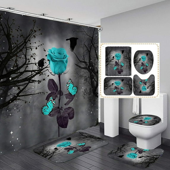 4PCS/Set Vintage Teal Rose Butterfly Shower Curtain with Non-slip Bath Rugs, Black Crow Misty Forest Tree Starry Sky Dark Gothic Art Bathroom Decor, Waterproof Fabric Bath Curtain, Magic Rose