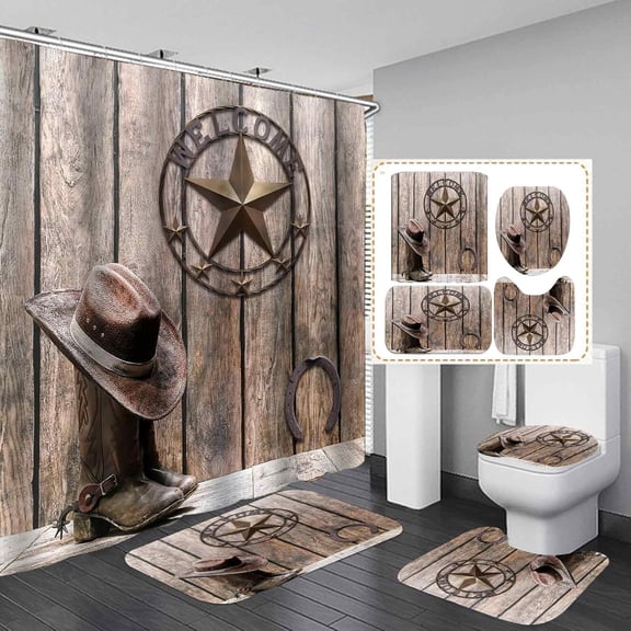 4PCS/Set Vintage USA Flag Western Texas Star Shower Curtain set, Primitive Rustic Country Farmhouse Beige Wood Board Patriotic Bathroom Decor, Non-slip Bath Rugs Toilet Carpet, Berry Wreath