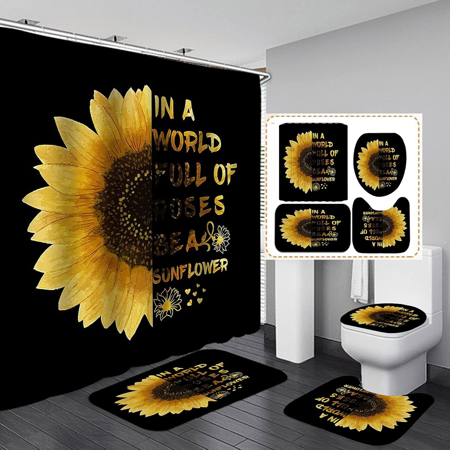 4PCS/Set Watercolor Sunflower Black Shower Curtain, Yellow Blooming Floral  Country Flower Modern Art Inspirational Quotes Bathroom Decor, Non-Slip Bath  Rugs Toilet Mats, Be A Sunflower - Walmart.com, image size:1500x1500