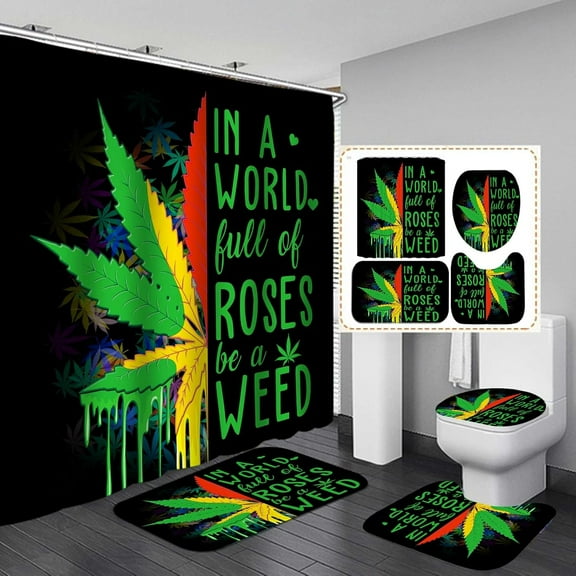 4PCS/Set Weed Leaf Shower Curtain set, Jamaican Rasta Reggae Cannabis Marijuana Leaf Bathroom Decor, Waterproof Fabric Black Bath Curtain, Non-Slip Bath Rugs Toilet Carpet, Green Red Yellow