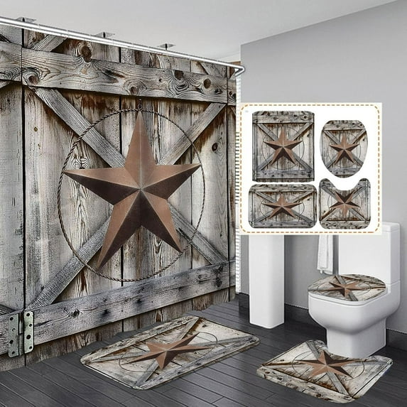 4PCS/Set Western Texas Star on Rustic Panel Shower Curtain set, Vintage Country Wood Barn Plank Bathroom Decor, Fabric Bath Curtain Non-slip Bathroom Mat Bath Carpet Toilet Rug, Rusty Star