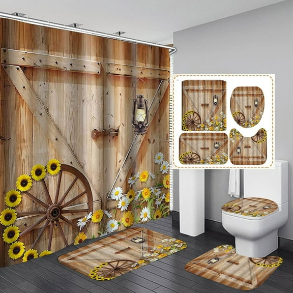 4PCS/Set Western Texas Star on Rustic Panel Shower Curtain set, Vintage Country Wood Barn Plank Bathroom Decor, Fabric Bath Curtain Non-slip Bathroom Mat Bath Carpet Toilet Rug, Rusty Star