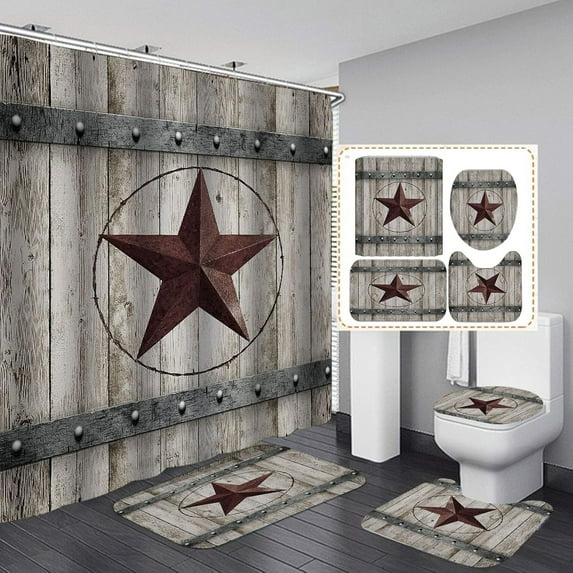 4PCS/Set Western Texas Star Shower Curtain, Waterproof Fabric Bath Curtain, Rustic Barn Wooden Board Vintage Farmhouse Country Bathroom Decor, Non-slip Bathroom Mat Bath Mat Toilet Rug, Grey