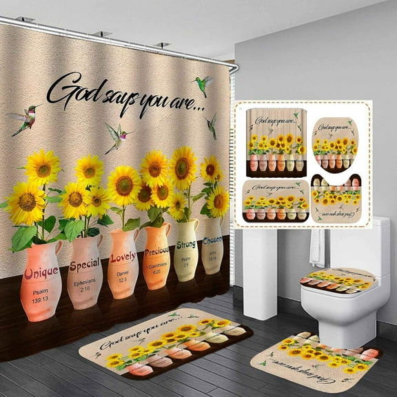 4PCS/Set White Cotton Flower Fabric Shower Curtain set Olive Leaf Farmhouse Country Floral Rustic Panel Mint Green Wooden Plank Bathroom Decor Non-slip Bath Rugs Toilet Carpet, BLESS This HOME