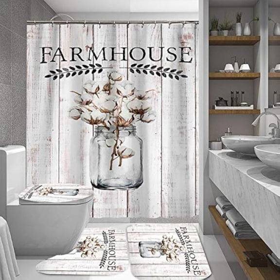 4PCS/Set White Cotton Flower Fabric Shower Curtain set Olive Leaf Farmhouse Country Floral Rustic Panel Mint Green Wooden Plank Bathroom Decor Non-slip Bath Rugs Toilet Carpet, BLESS This HOME