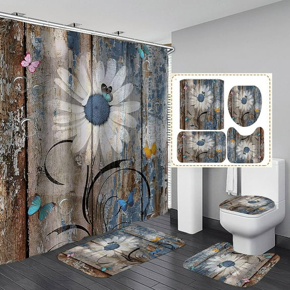 4PCS/Set White Daisy Shower Curtain, Fantasy Bubble Vintage Blue Brown Rustic Wooden Board Shabby Chic Country Farmhouse Bathroom Decor, Non-slip Bath Rug Toilet Mat, Colorful Butterfly