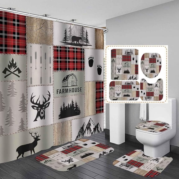4PCS/Set Wildlife Shower Curtain, Vintage Brown Rustic Wooden Board Deer Bear USA Flag Western Texas Star Barn Cabin Hunting Wild Animal Bathroom Decor, Non-Slip Bath Rugs, Cabin Rules