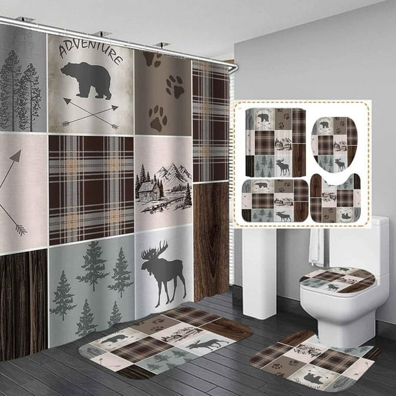 4PCS/Set Wildlife Shower Curtain, Vintage Brown Rustic Wooden Board Deer Bear USA Flag Western Texas Star Barn Cabin Hunting Wild Animal Bathroom Decor, Non-Slip Bath Rugs, Cabin Rules