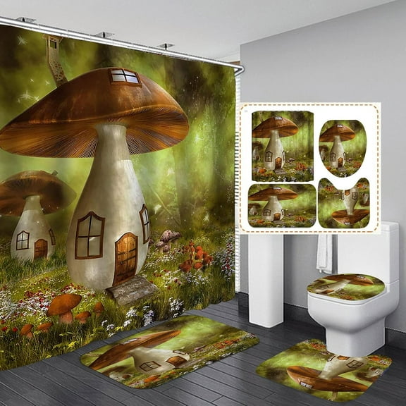 4PCS/Set Zen Fantasy Mushroom Shower Curtain Sets, Auspicious Carp Lotus Leaf River Green Forest Wonderland Nature Scenery Fairy Tale Bathroom Decor for Kids, Non-slip Bath Mat, Dreamlike Waterfall