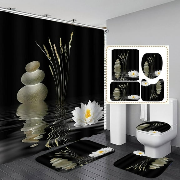 4PCS/Set Zen Spa Shower Curtain Sets, White Orchid Candle Green Bamboo Basalt Massage Stone Tranquil Lake Relaxing Spiritual Meditation Bathroom Decor, Non-Slip Bath Mat, Bamboo & White Flower