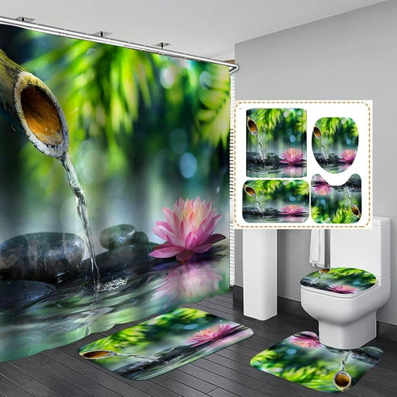 4PCS/Set Zen Spa Shower Curtain Sets, White Orchid Candle Green Bamboo Basalt Massage Stone Tranquil Lake Relaxing Spiritual Meditation Bathroom Decor, Non-Slip Bath Mat, Bamboo & White Flower