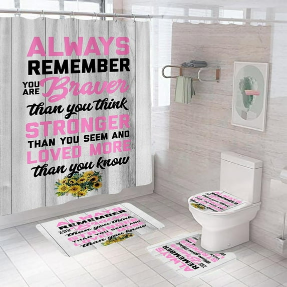 4PCS/Sets Inspirational Quotes Shower Curtains, Black Motivational Art Words for Bathroom Decor, Waterproof Fabric Shower Curtain Non-Slip Rug, Bath Mat Toilet Seat Cover 12 Hooks, 71x71inch