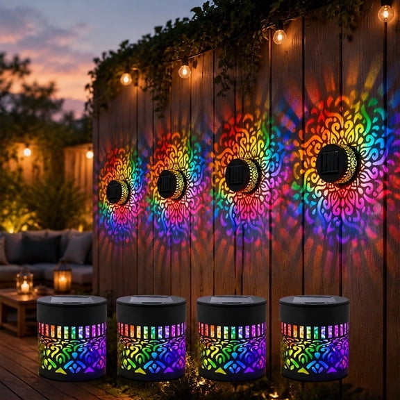 4PCS Seven-Color Changing solar mandala wall light projector, Outdoor Waterproof Metal Fence Lights for Yard Garden Post Patio Backyard Decor