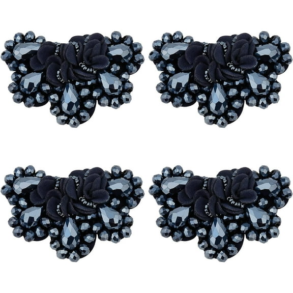 4PCS Shoe Charms Glude on Black Rhinestone Shoe Oraments Wedding Bridal Shoe Elegant Rhinestones Flower for Jewelry Shoes Clothing Bags Hats Decoration (No Clips) Black