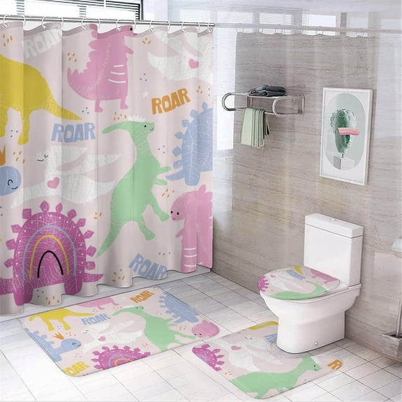 4PCS Shower Curtain with Bathroom Sets and Rugs Decor Pink Lovely Dinosaurs Shower Curtain Sets with Non-Slip Rug Toilet Lid Cover U-Shaped Mat with Hooks Cute Cartoon Dino 72"x72"