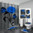 thumbnail image 1 of 4PCS Shower Curtain Set 3D Raindrop Rose Flower Floor Rug + Lid Toilet Cover +Non-Slip Bath Mat Doormat Waterproof Shower Curtain with 12 Hooks Bathroom Set for Home Kitchen Decor, Blue, 1 of 12
