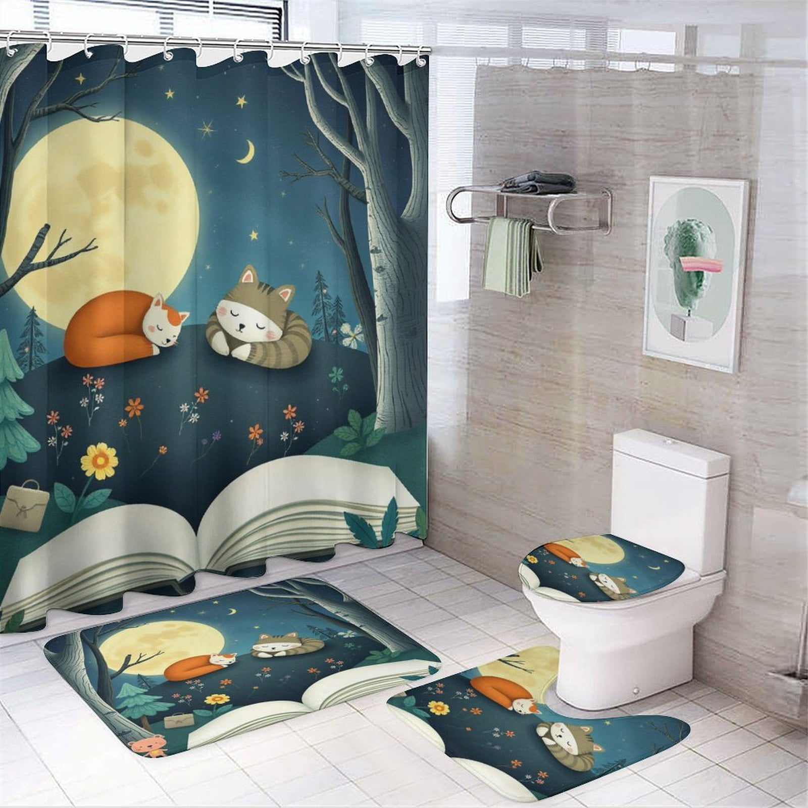 4PCS Shower Curtain Set Cats Sleep Moonlit Night Modern Bathroom Decor