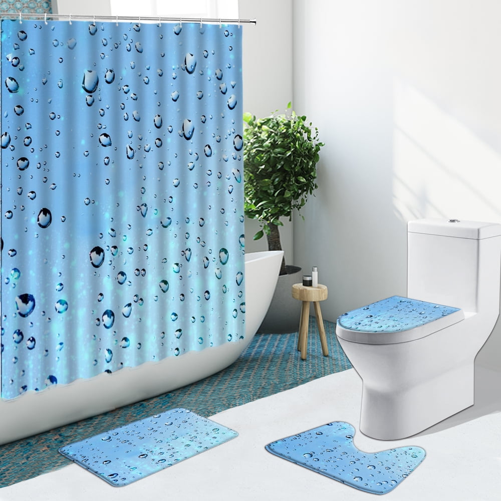 4PCS Shower Curtain Set Raindrops Blue Glass NonSlip Floor Rugs Carpet