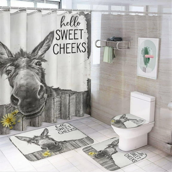 4PCS Shower Curtain Set with Non-Slip Bath Mat and Toilet Rug - Funny Donkey Farmhouse Rustic Black and White Pattern